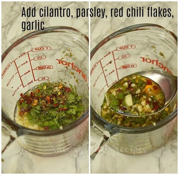 make honey butter garlic sauce - add parsley,cilantro,red chili flakes and garlic