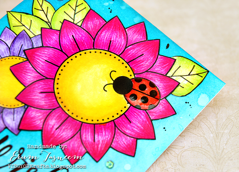 Newton's Nook Designs sunflower, colored using Faber castell pencils and Crayola markers. Stamp by Simon Says Stamp.