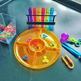 colour sorting tray with test tubes and tweezers