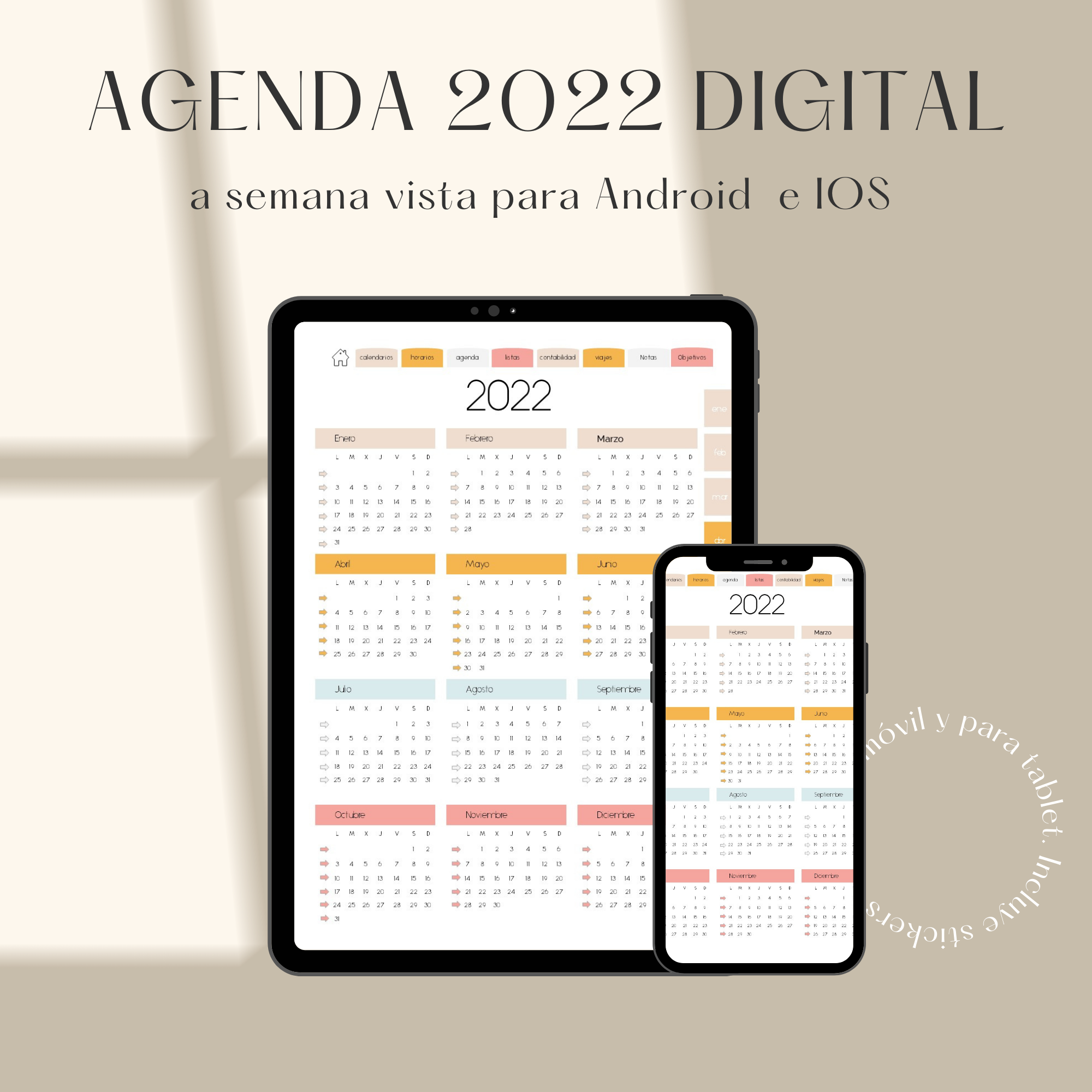 agenda, digital, 2022, tablet, movil, stickers, descargar