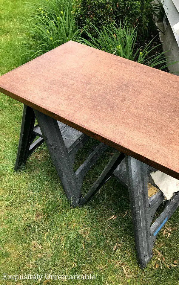 Staining A Wooden Countertop on two sawhorses