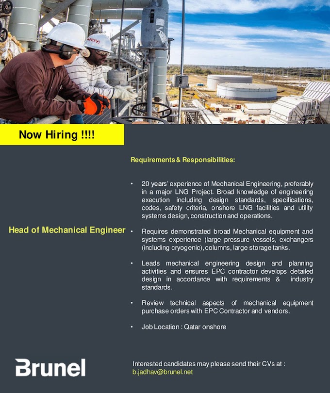 Head of Mechanical Engineer Vacancy in Qatar Onshore Project : Brunel - Apply Now
