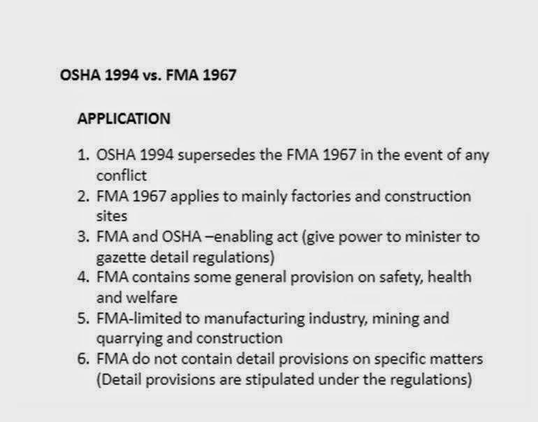 OSH The Journey: OSHA 1994 supersedes the FMA in the event 
