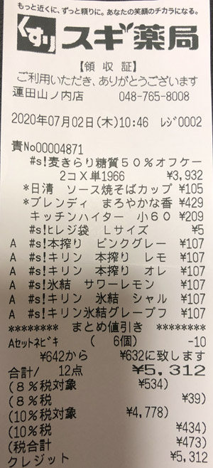 スギ薬局 蓮田山ノ内店 2020/7/2 のレシート