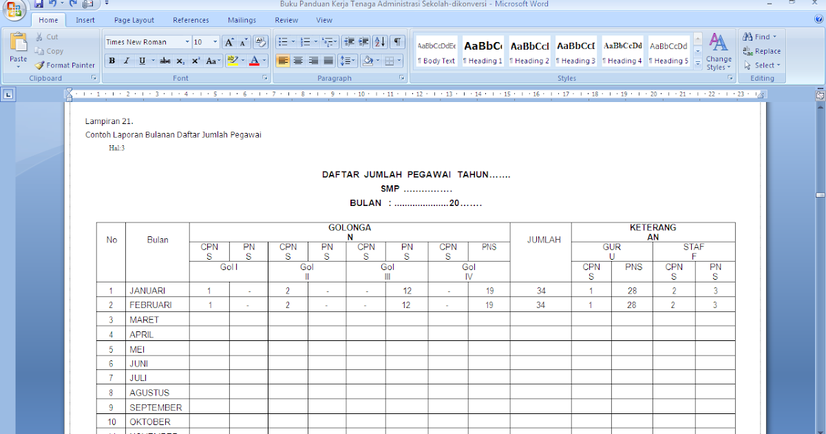 Contoh Format Laporan Bulanan Daftar Jumlah Pegawai - antapedia.com