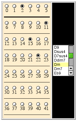 Radio-button display of the Dm chord on the Script Tips #56-69 Script fretboard.