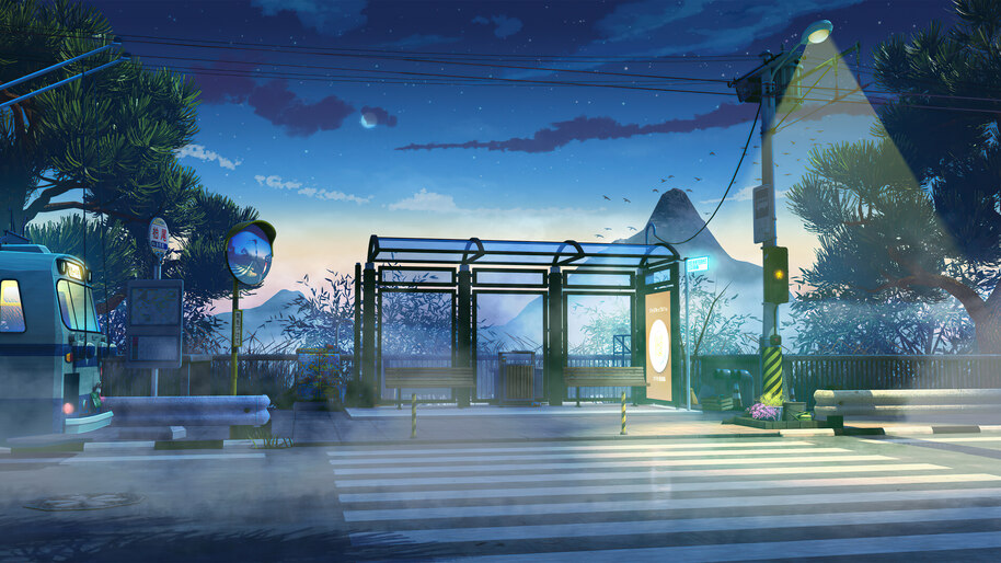 #8.1364, Bus Stop, Night, Pedestrian, Scenery, Art, 4K Wallpaper PC Desktop