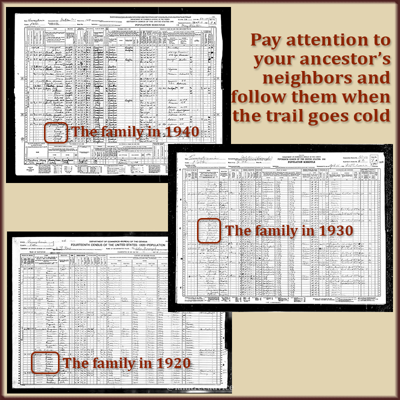 Three families lived next to mine in 1930 and 1940. Finding them in 1920 led to my family.