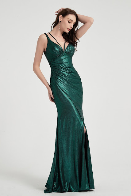 Green V-Cut Straps High Slit Party Evening Gown 