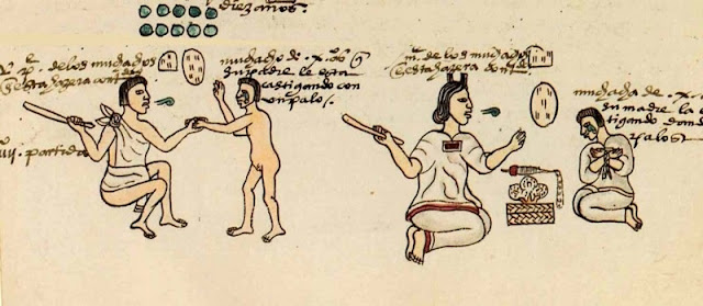 Наказание детей палкой (кодекс Мендозы). Заметим, что руки девочки (справа) связаны.
