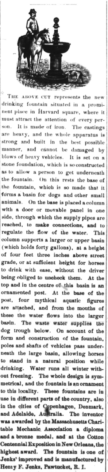 Brookline Chronicle article about Harvard Square fountain, 1887