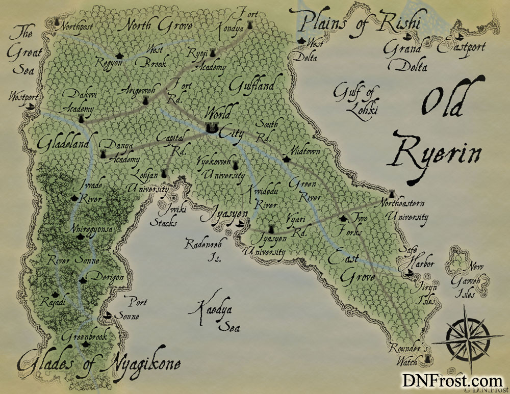 Old Ryerin: fallen civilization of the tree elves www.DNFrost.com/maps #TotKW A map for Awakening by D.N.Frost @DNFrost13 Part of a series.