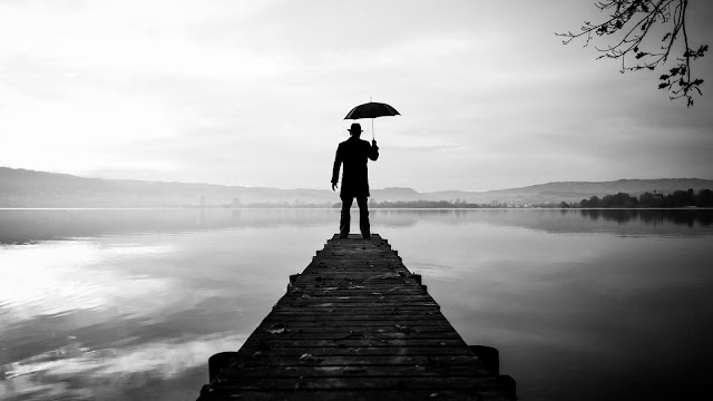 Lonely man, hat, pier, umbrella, lake, photo