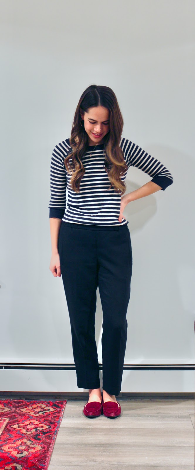 Jules in Flats - Striped Sweater with Aritzia Darontal Dress Pants (Business Casual Winter Workwear on a Budget) 