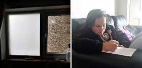 Frosted glass on the window and my youngest on the sofa doing her school work
