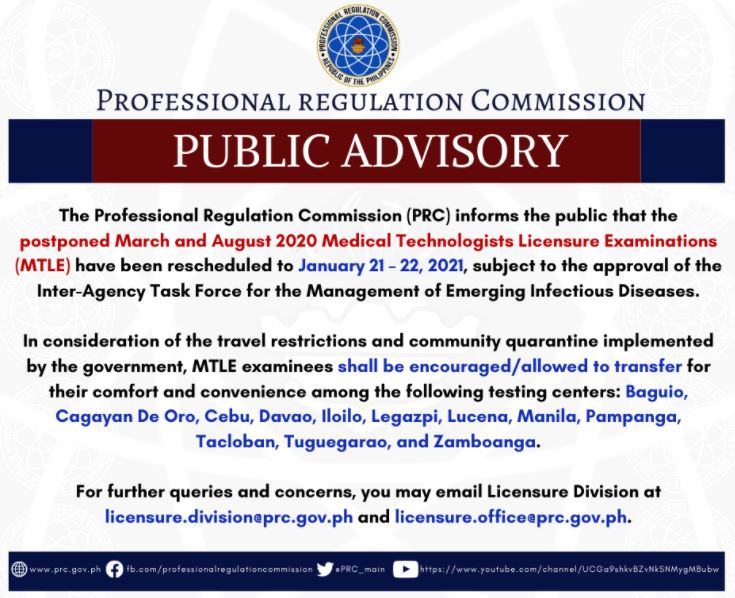 PRC bares new schedule of postponed March, August 2020 Medtech board exam
