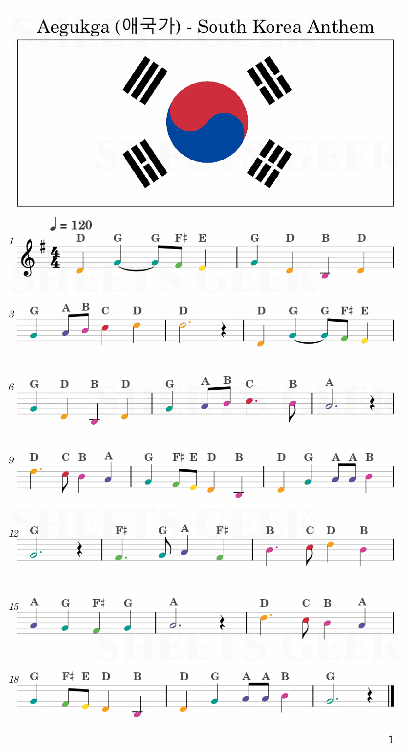 Aegukga (애국가) South Korea National Anthem Easy Sheet Music
