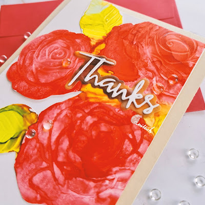 Simon says stamp rose stencil, SSS Rose trio stencil, Cards with Alcohol inks with stencils, Floral die card, Red roses cardow and orange card, Alcohol inks card, Simon says floral card, Floral card,  Clean and simple card, Quillish, Video tutorial