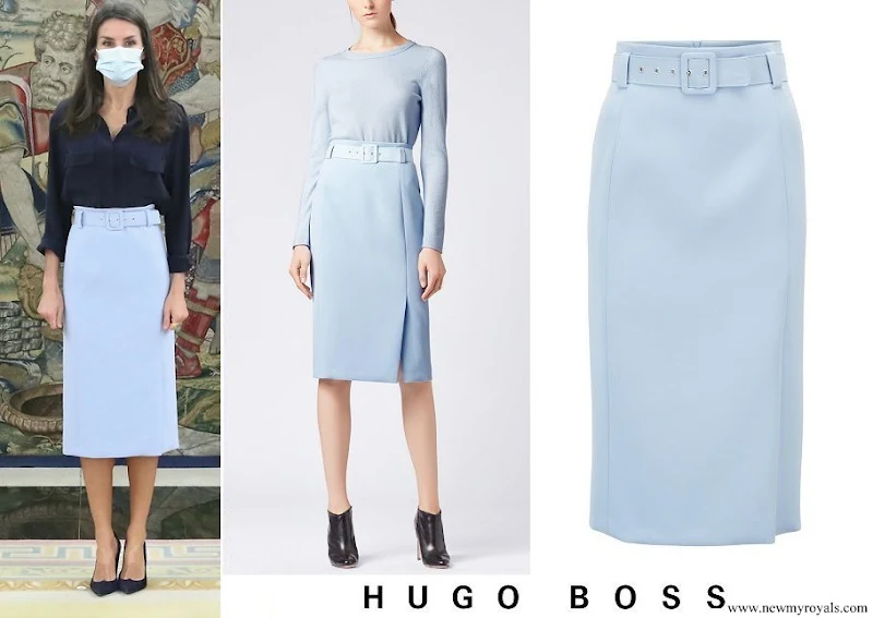 Queen Letizia wore Hugo Boss sky blue high waisted pencil skirt