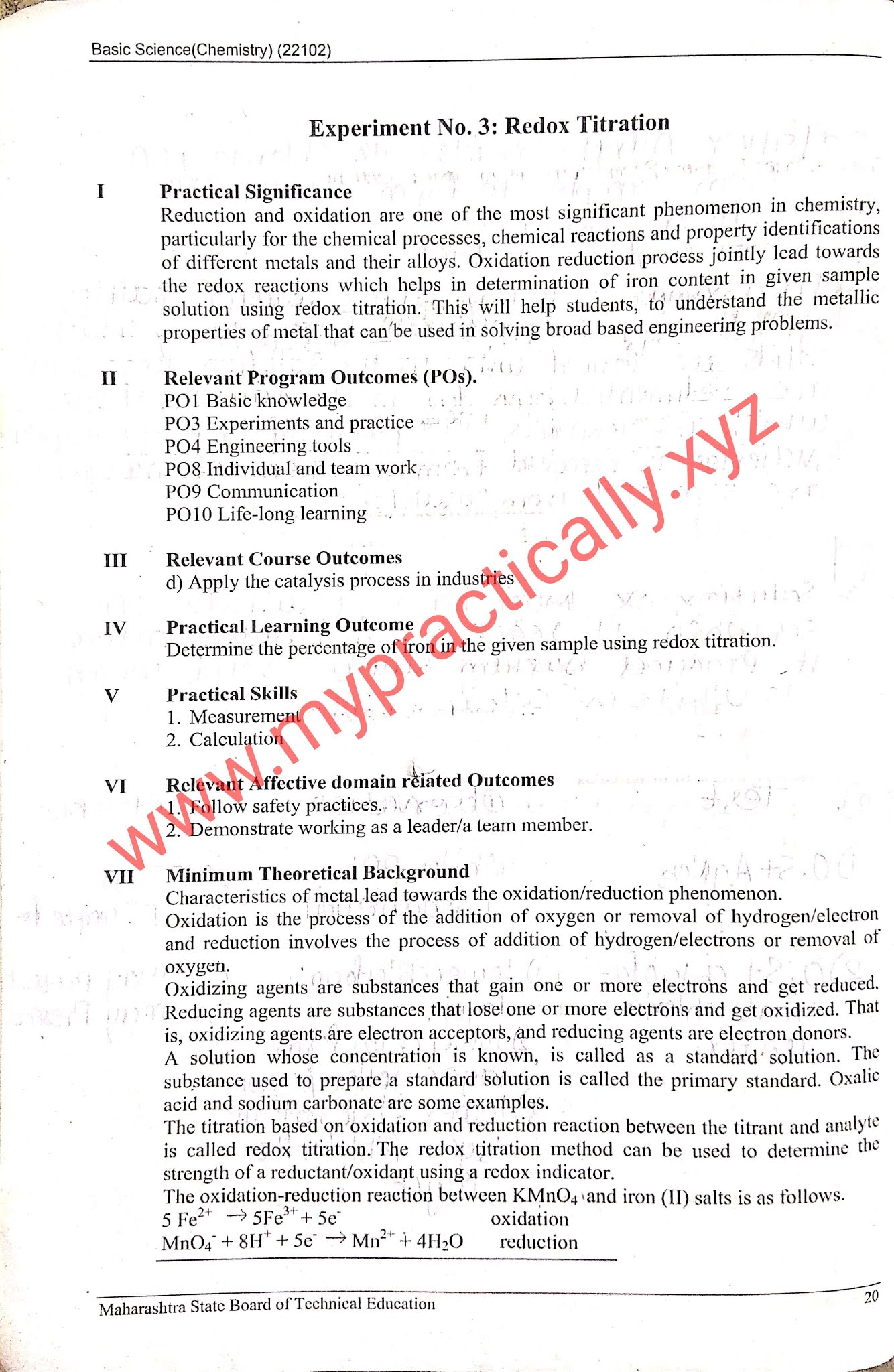 Redox Titration Practical Answers First Year Chemistry practical answers