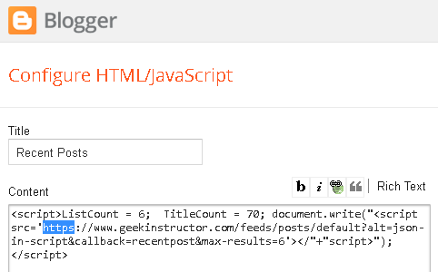 Change HTTP to HTTPS in Blogger widgets