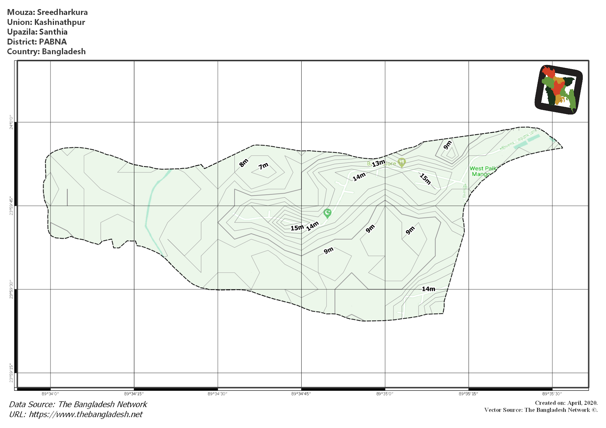 Map of Sreedharkura Mouza of Santhia Upazila, PABNA, Bangladesh.