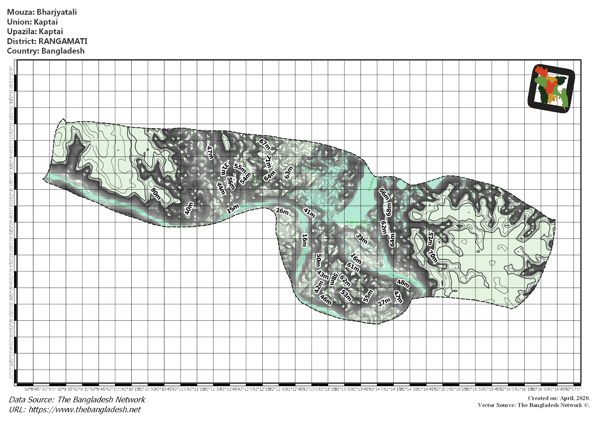 Map of Bharjyatali Mouza of Kaptai Upazila, RANGAMATI, Bangladesh.