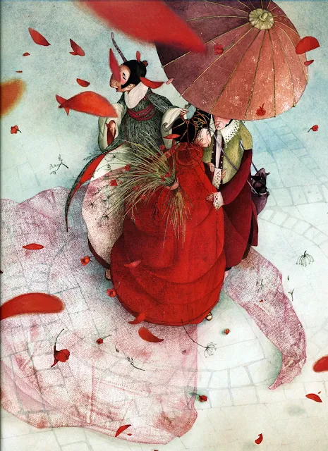 ilustración romántica del interior del cuento de Philippe Lechermeier Princesas Olvidadas o desconocidas ilustrado por Rébecca Dautremer