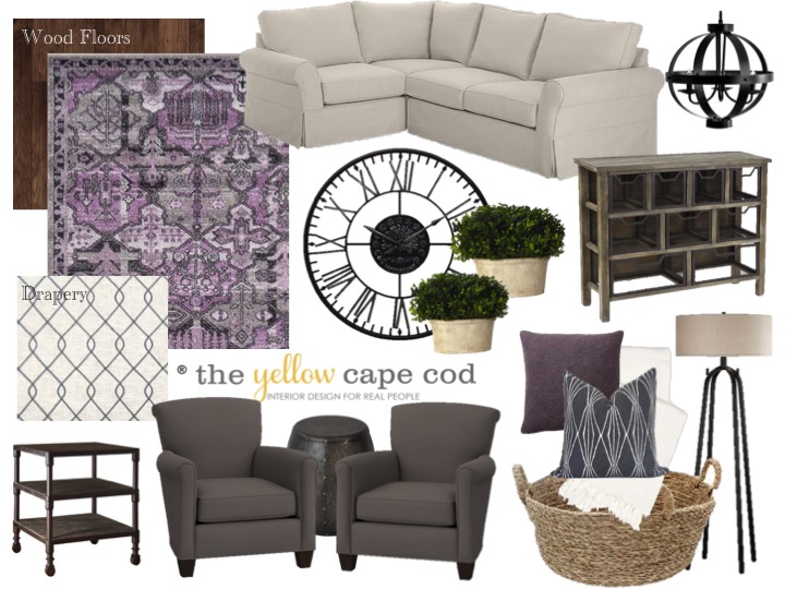 The Yellow Cape Cod Gray and Plum Modern Farmhouse Living Room