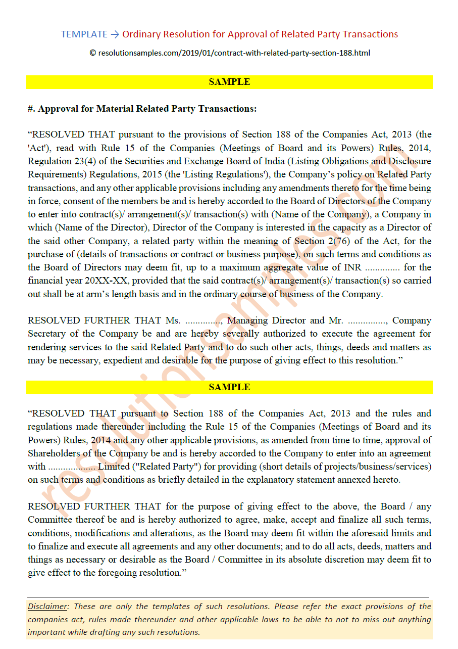 Ordinary Resolution for Contract with Related Party Section 188