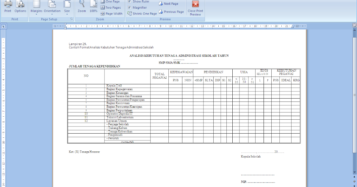 Contoh Format Analisis Kebutuhan Tenaga Administrasi Sekolah SMP/SMA