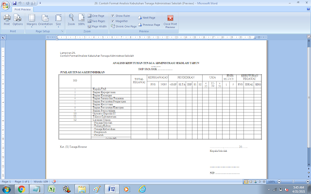 Contoh Format Analisis Kebutuhan Tenaga Administrasi Sekolah SMP/SMA/SMK