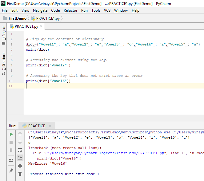 python dictionaries example brackets inside key square access value corresponding while mentioned dictionary without names mentioning gives giving error