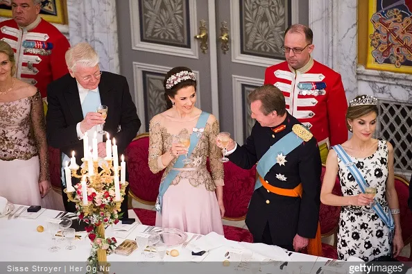 Crown Princess Mary of Denmark, Henri Grand Duke of Luxembourg and Queen Letizia of Spain attend a dinner for officials of Denmark in celebration of the 75th birthday of the Danish Queen at Christiansborg Palace