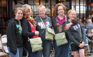 Rachel, Linda, Betty, Jessica & Elise.  Matching 'safe' pocketbooks.  Rue Cler.