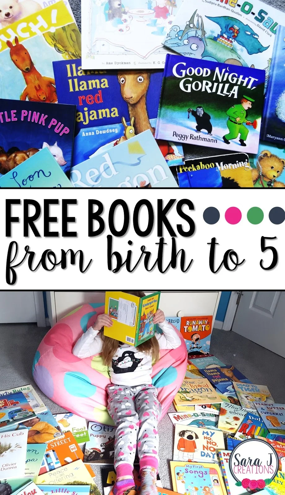 Free children's books from birth through age 5 thanks to Dolly Parton's Imagination Library.  So many awesome picture books for free.