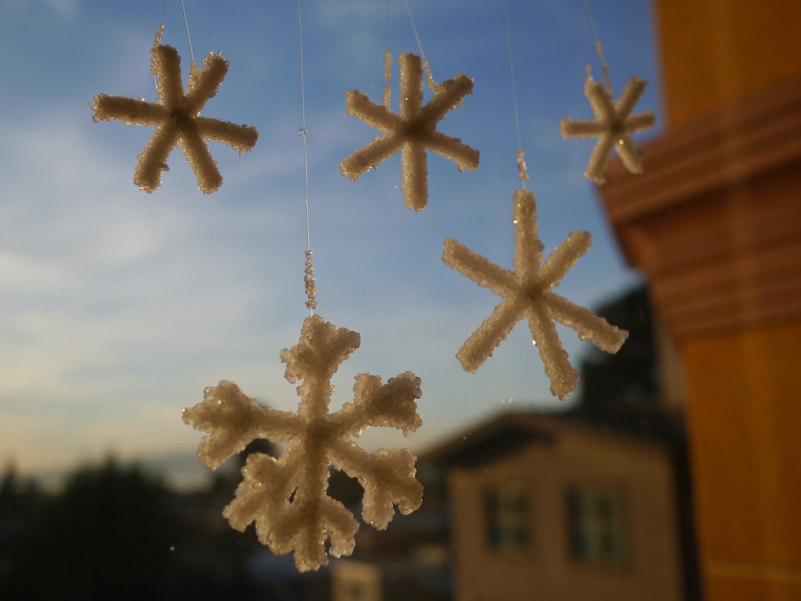 Borax crystal snowflakes
