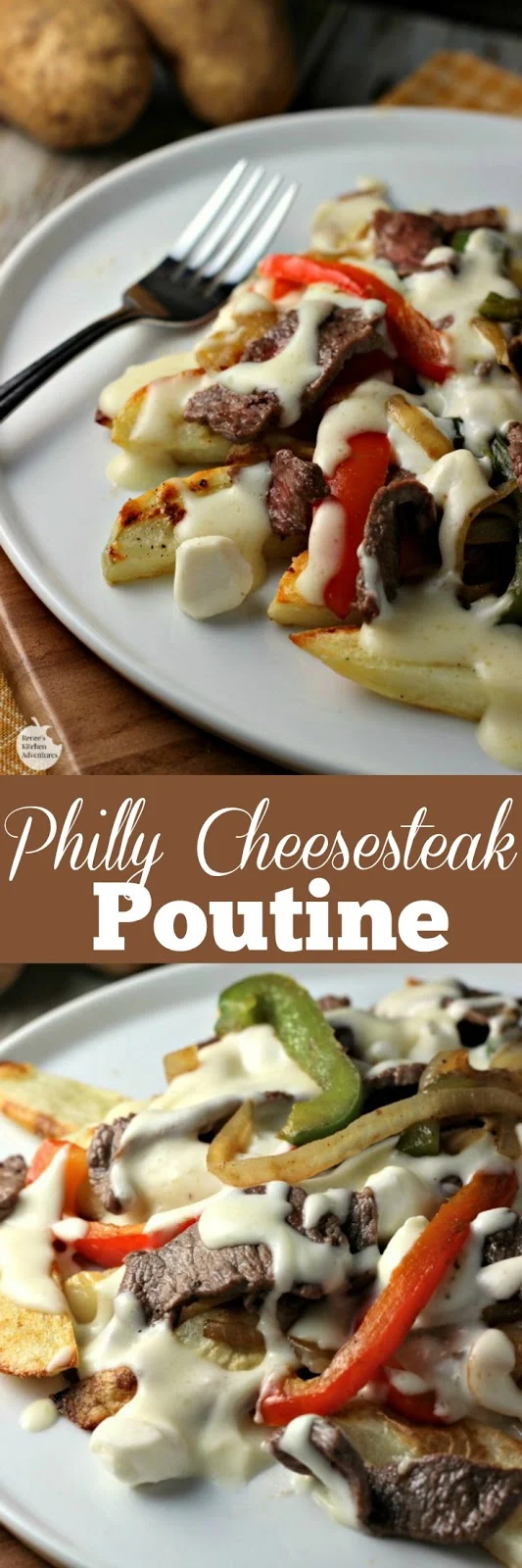 Philly Cheesesteak Poutine | by Renee's Kitchen Adventures - Classic poutine gets a make over when combined with the classic tastes of Philly Cheesesteak...cheese, more cheese, potatoes, steak and veggies. What's not to love? #SundaySupper #FWCon