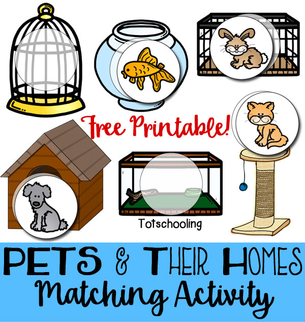 FREE printable game for toddlers and preschoolers to match pets with their cages or homes. Great for language development and learning about animals.