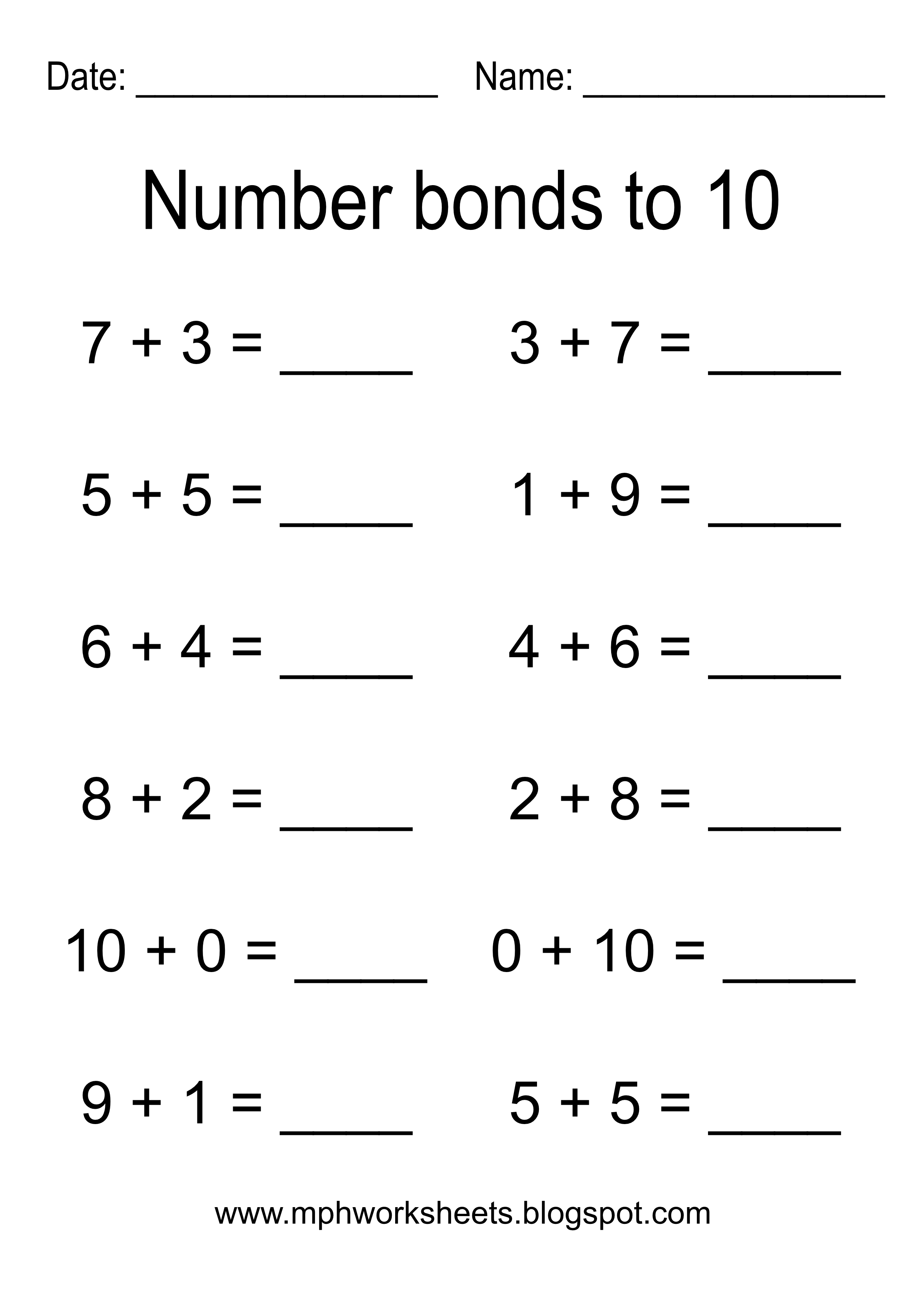 Number Bonds Of 10 Worksheet