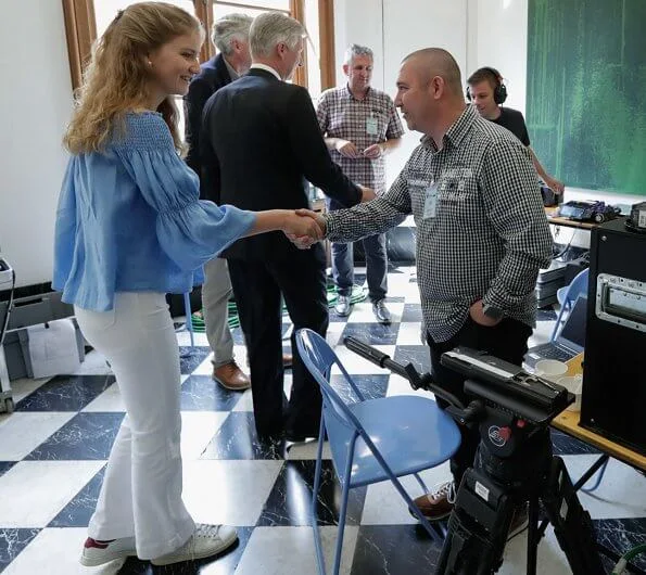 Crown Princess Elisabeth wore Maje Lova Off-the-shoulder Top. Princess Elisabet wore blue blouse by Maje