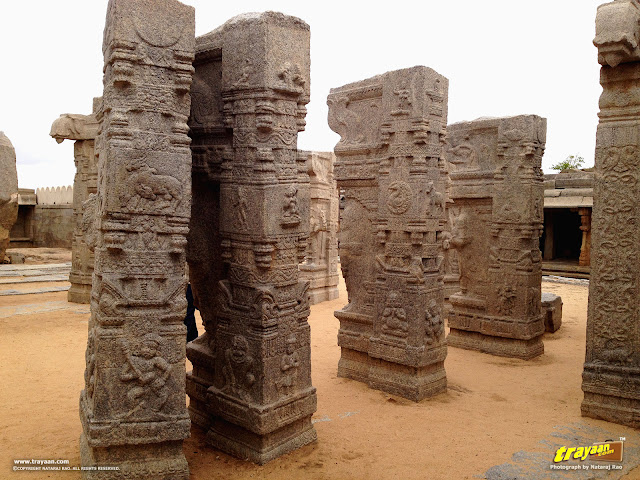 Beautifully carved pillars in the unfinished Kalyana Mandapa, or Marriage Hall inside the Veerabhadra Swamy Temple complex at Lepakshi, in Andhra Pradesh, India