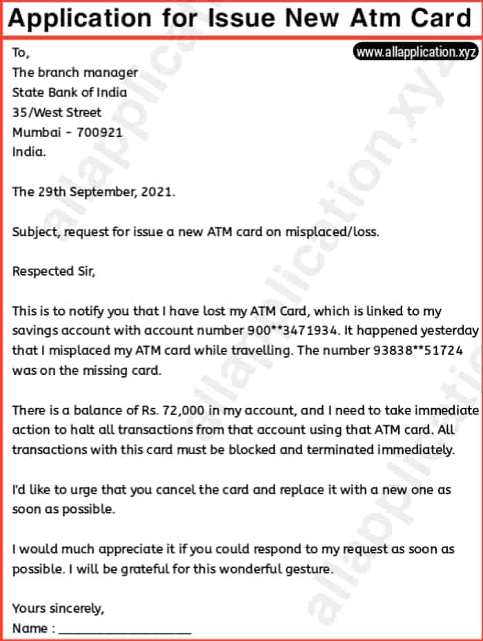 application letter to bank manager for reissue atm card