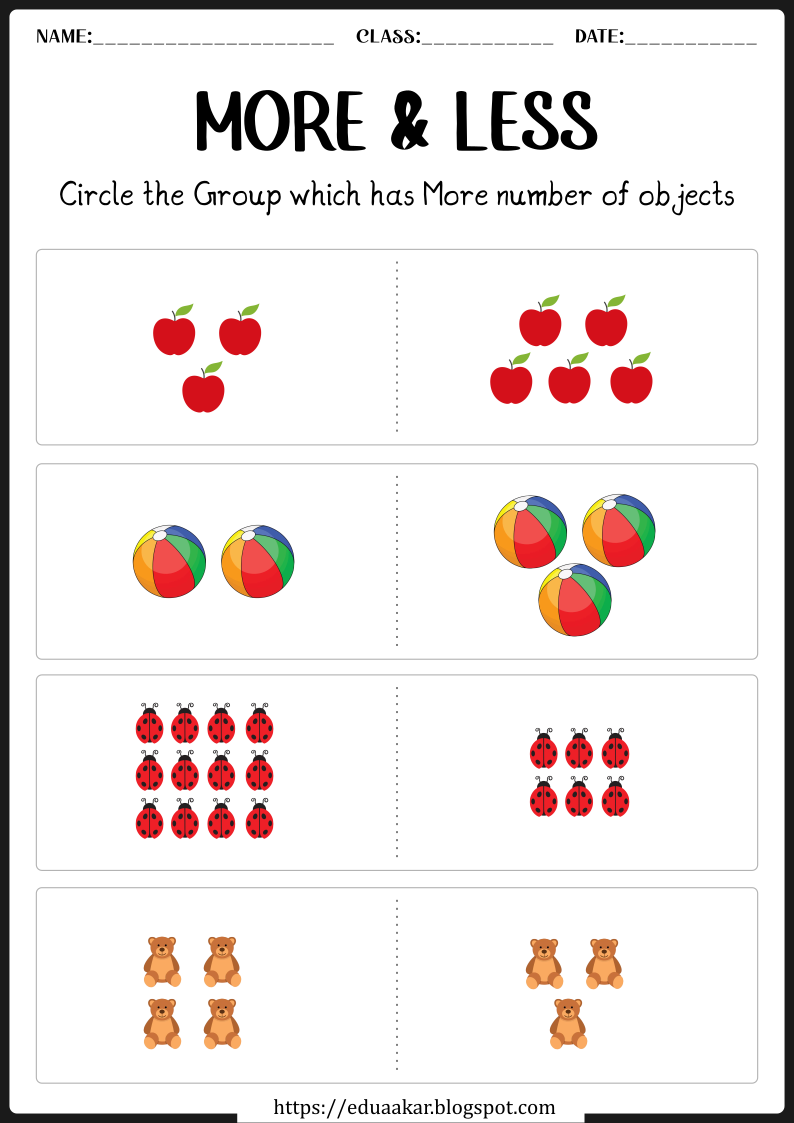 More and Less worksheets for Preschool and Kindergarten kids