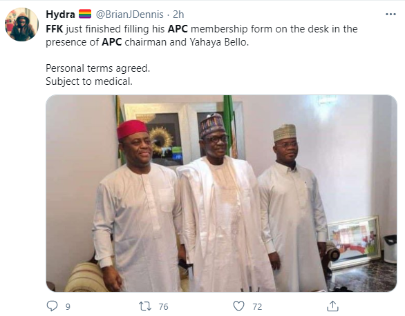 Nigerians react with insults as FFK is spotted with APC chieftains including Yahaya Bello of Kogi [photos/tweets] 29