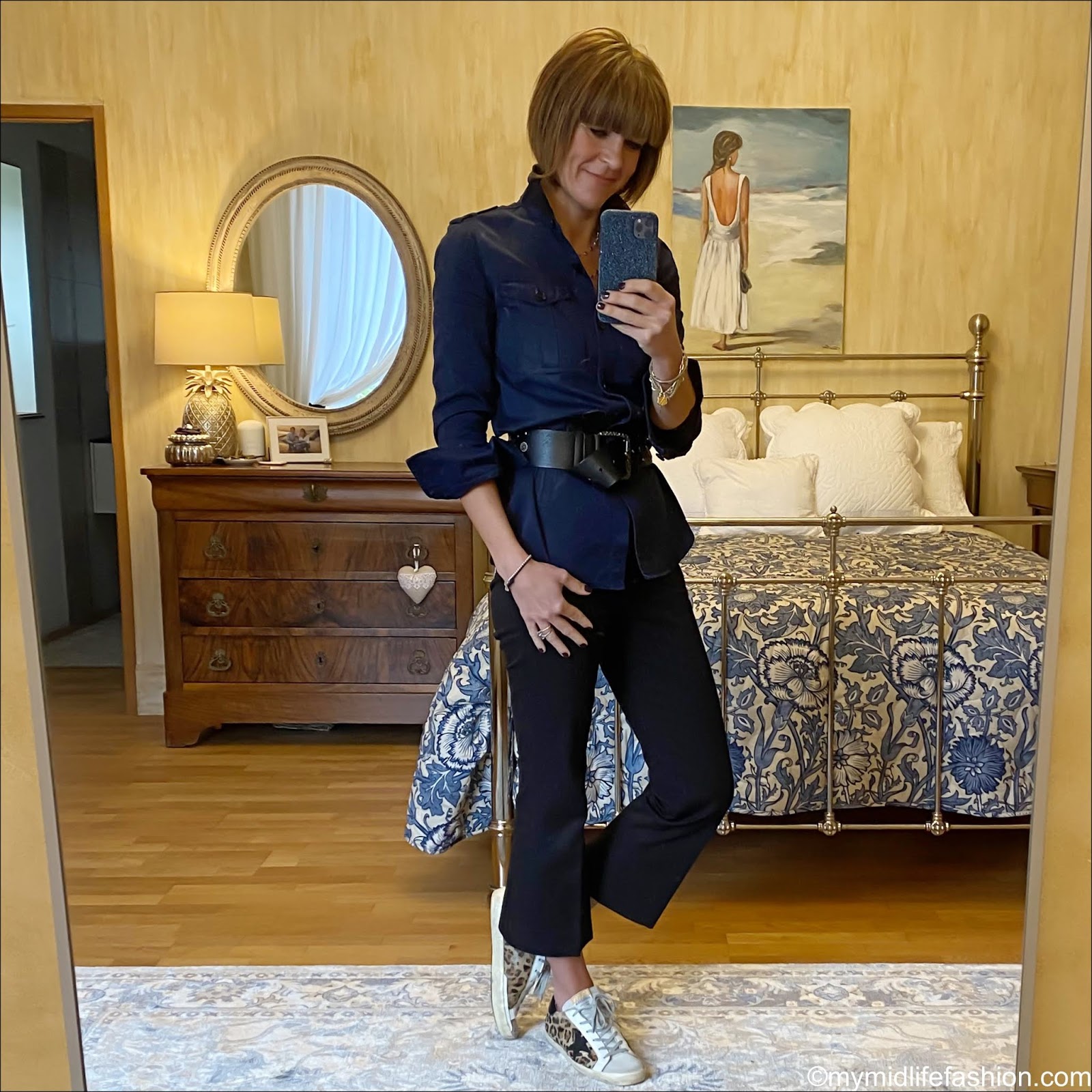 my midlife fashion, eternal jewellery pacific blue crystal 36 inch silver tone necklace, Isabel Marant Etoile cotton overshirt, j crew sammie kick flare cotton trousers, golden goose superstar leopard print calf hair trainers