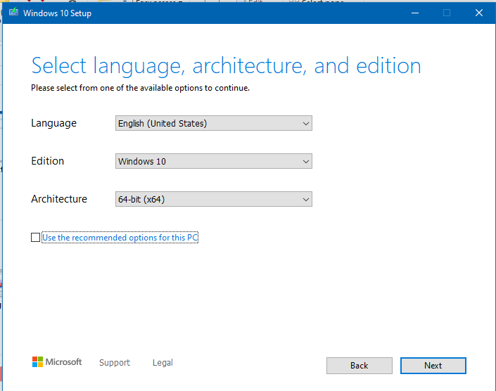 Create windows 10 installation media using Media creation tool