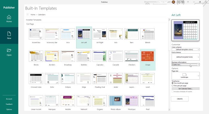 Opciones de plantilla de calendario de Microsoft Publisher