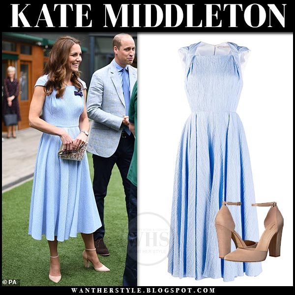 Kate Middleton in light blue midi dress and beige suede pumps at ...