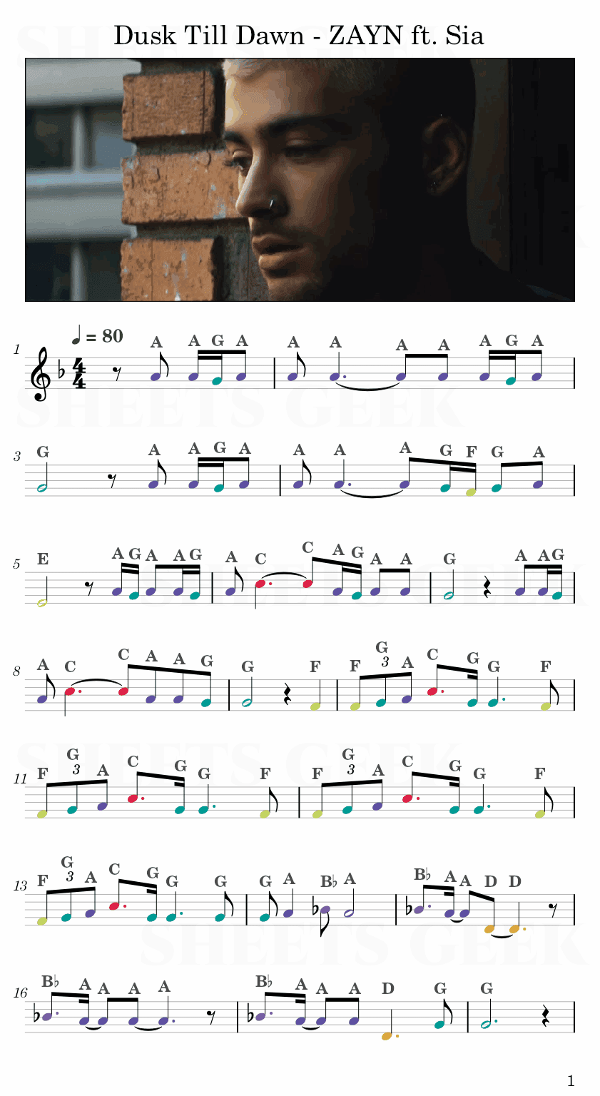 Dusk Till Dawn - ZAYN ft. Sia Easy Sheet Music Free for piano, keyboard, flute, violin, sax, cello page 1